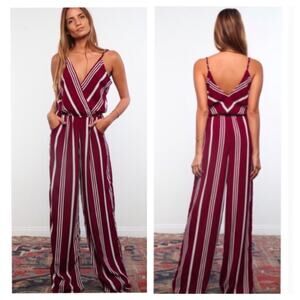Flynn Skye Burgundy Stripe Wrap Spaghetti Boho Wide Leg Jumpsuit XS
